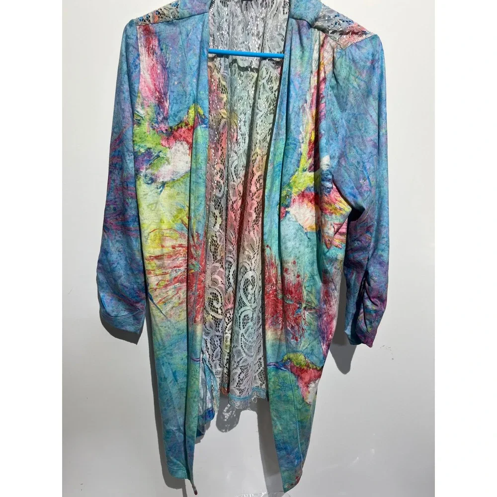 Romance Lovegrl Hummingbird Floral Lace‎ Back Open Front Cardigan Multi Color L